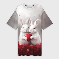 Женская длинная футболка Белые кролики с сердцем