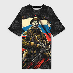 Футболка женская длинная Русский солдат на фоне флага России, цвет: 3D-принт