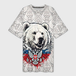 Футболка женская длинная Белый медведь и белый герб России, цвет: 3D-принт