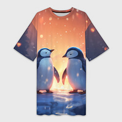 Женская длинная футболка Романтичная пара пингвинов