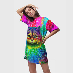 Футболка женская длинная Цветной кот, цвет: 3D-принт — фото 2