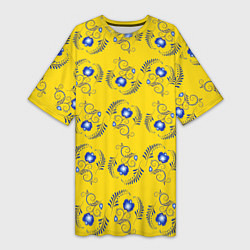 Женская длинная футболка Узор - цветы гжель на желтом фоне