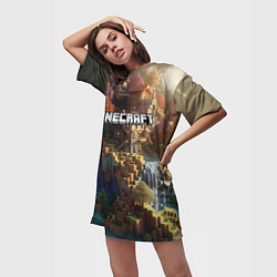 Футболка женская длинная Minecraft logo горы и реки, цвет: 3D-принт — фото 2