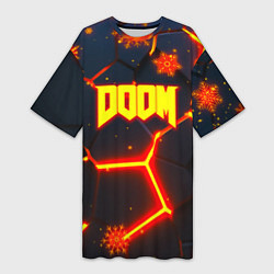 Футболка женская длинная Doom плиты лого в огне, цвет: 3D-принт