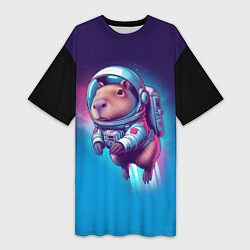 Женская длинная футболка Капибара бравый космонавт - нейросеть