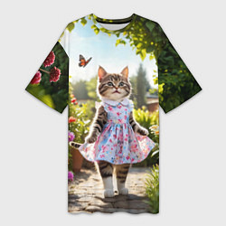 Женская длинная футболка Кошка в летнем платье в саду