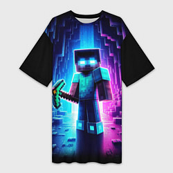 Женская длинная футболка Minecraft - neon character ai art