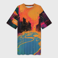 Женская длинная футболка Абстрактная городская улица со зданиями и река