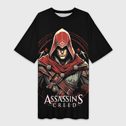 Футболка женская длинная Assassins creed в красном капюшоне, цвет: 3D-принт