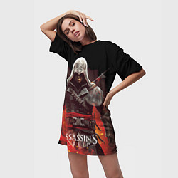 Футболка женская длинная Assassins creed огненный фон вокруг, цвет: 3D-принт — фото 2
