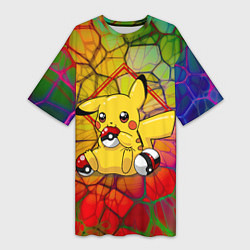 Женская длинная футболка Pikachu pokeballs