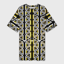 Женская длинная футболка Жёлто-белые треугольники на чёрном фоне