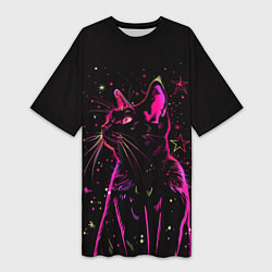 Женская длинная футболка Кот в звездах