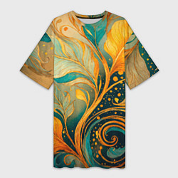 Женская длинная футболка Золотые и бирюзовые листья абстракция