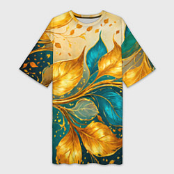 Женская длинная футболка Листья абстрактные золото и бирюза