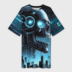Женская длинная футболка Cyberpunk skull - metropolis neon glow