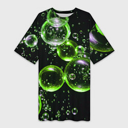 Футболка женская длинная Зеленые пузыри на черном, цвет: 3D-принт