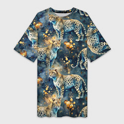 Женская длинная футболка Леопард и золотые капли на синем фоне