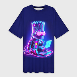 Женская длинная футболка Барт Симпсон сидит в лэптопе - нейросеть