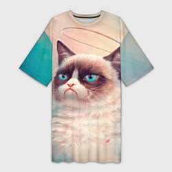Футболка женская длинная Мемный кот Grumpy Cat с нимбом, цвет: 3D-принт