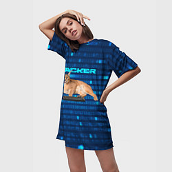 Футболка женская длинная Кот Шлепа хакер, цвет: 3D-принт — фото 2