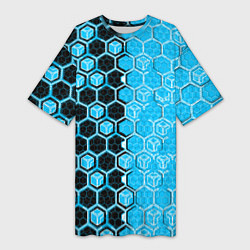 Женская длинная футболка Техно-киберпанк шестиугольники голубой и чёрный