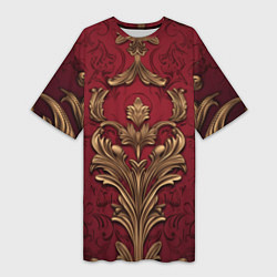 Женская длинная футболка Объемный золотой узор лепнины на красном текстурно