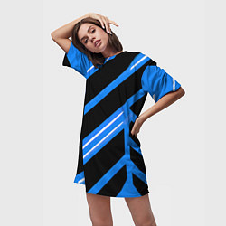 Футболка женская длинная Black and white stripes on a blue background, цвет: 3D-принт — фото 2