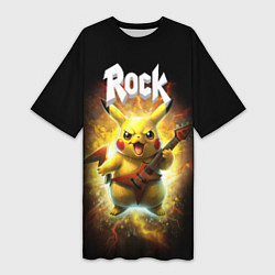 Футболка женская длинная Пикачу рокер с электрогитарой, цвет: 3D-принт