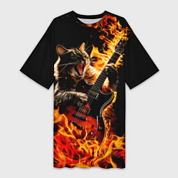 Женская длинная футболка Кот в огне играет рок