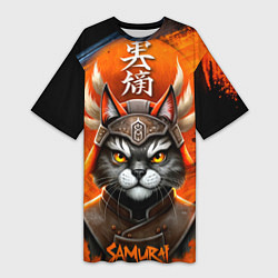 Футболка женская длинная Cat samurai, цвет: 3D-принт