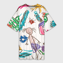 Футболка женская длинная Детский принт, цвет: 3D-принт