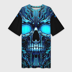 Женская длинная футболка Неоновый кибер череп - нейроарт микросхема