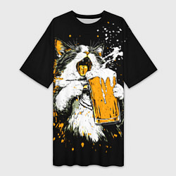 Женская длинная футболка Кот поет под пиво