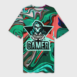 Женская длинная футболка Gamer - лого череп с игровым джойстиком