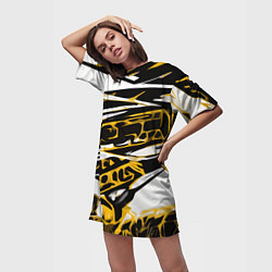 Футболка женская длинная Жёлто-чёрная агрессивная абстракция на белом фоне, цвет: 3D-принт — фото 2