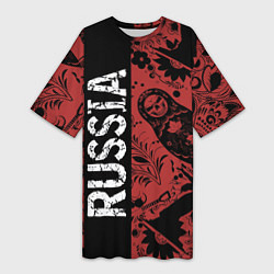 Женская длинная футболка Россия на фоне матрёшек балалайки и славянских узо