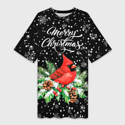 Женская длинная футболка Рождественский красный кардинал