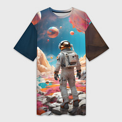 Футболка женская длинная Космонавт на розовой планете, цвет: 3D-принт