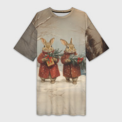 Футболка женская длинная Зайцы с новогодними подарками, цвет: 3D-принт