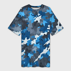 Футболка женская длинная Синий армейский камуфляж, цвет: 3D-принт