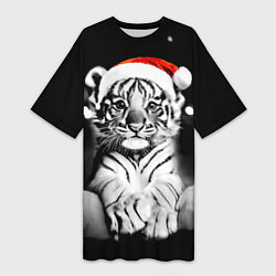 Женская длинная футболка Милый тигрёнок на Рождество