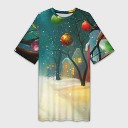 Футболка женская длинная Новогодние шары и тропинка, цвет: 3D-принт