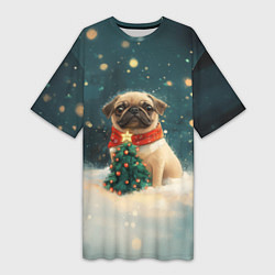 Женская длинная футболка Мопс и маленькая елочка