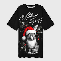 Женская длинная футболка Милый кролик в шапке Деда Мороза