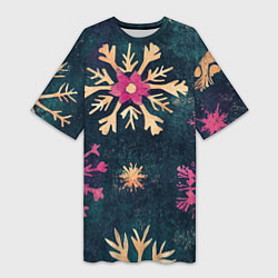 Женская длинная футболка Новогодние разноцветные снежинки