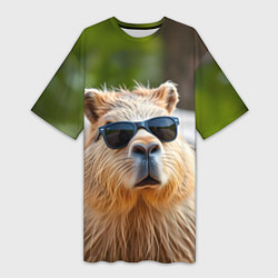 Женская длинная футболка Модная капибара в темных очках