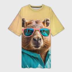 Женская длинная футболка Модная капибара в отпуске