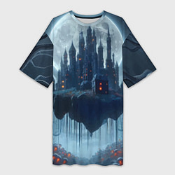 Футболка женская длинная Замок Дракулы и неоновые грибы - нейроарт фантазия, цвет: 3D-принт