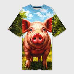 Женская длинная футболка Свинка в деревне